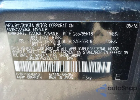 2016 Toyota Rav4 Hybrid Limited z USA, uszkodzony, nr VIN JTMDJREV5GD037667